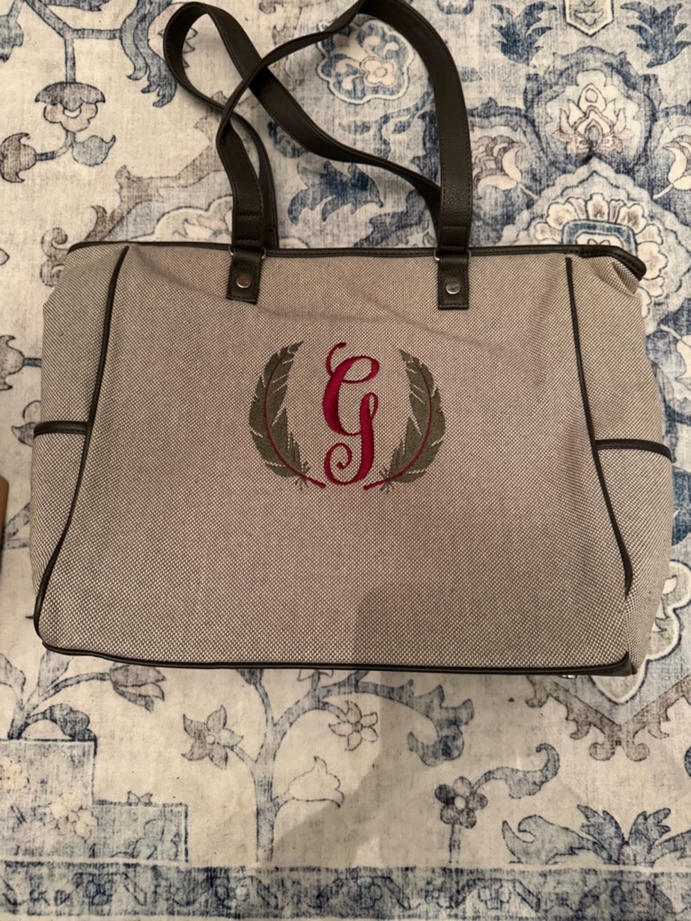 Thirty One Cindy Embroidered Gray Canvas Tote with Red Monogram